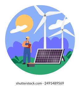 construction worker with wind turbines and solar panels. Installation or repair of electric utility poles flat vector illustration. Maintenance service, electricity, renewable energy concept - Powered by Shutterstock