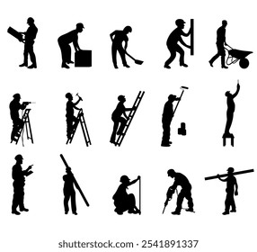 construction worker at work in different poses with tools silhouettes