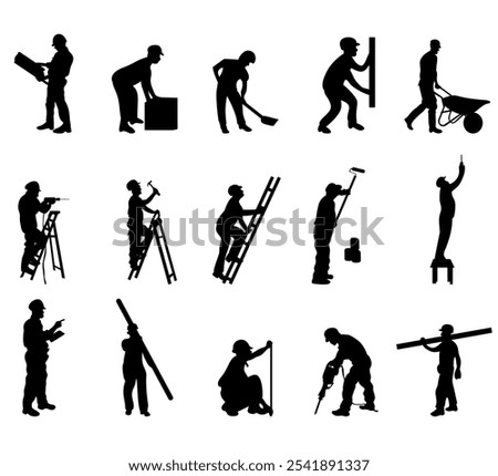 construction worker at work in different poses with tools silhouettes