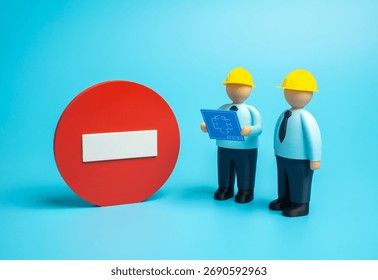 Construction workers have stopped work. Work is prohibited. Suspension of building, safety violations, and legal issues. Labor law, real estate, and industry crisis themes.