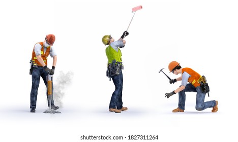 Construction workers team set isolated on white background. Jackhammer builder worker with pneumatic hammer drill, painter with a roller, carpenter worker. 3D workers characters design illustration