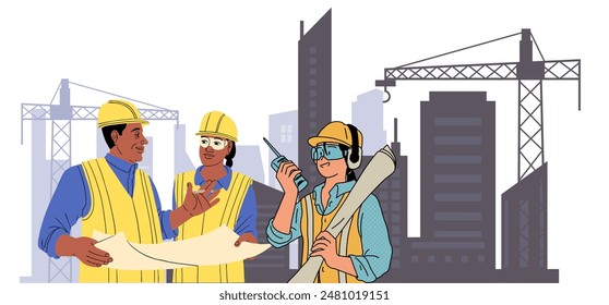 Construction workers work together to build a building.  Vector Illustration - Powered by Shutterstock - Get 15% off with code: PIKWIZARD15