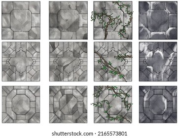 A constructor for creating game cards for board games such as dungeons and dragons, it has tiles for ancient ruins and temples in various states, old and cracked, covered with ivy, and in snow. 2d art