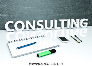 Consulting - text concept with chalkboard, notebook, pens and mobile phone. 3D render illustration.