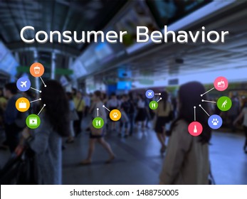 Consumer Behavior Text With Activity Icons On Blurred Background. Faces Of The People In Image Are Blurred. The Behaviors Result From Big Data Analytics And Machine Learning Technology.