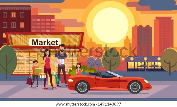 Consumer Credit, Car Loan for Young Family\
Flat Concept with Happy Parents with Kids Leaving Store, Walking to\
Their Luxury Sport Car with Shopping Packers and Gift Boxes in\
Hands\
Illustration