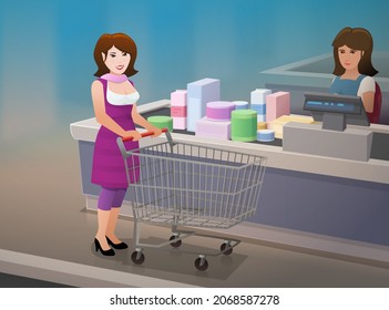 Consumer With Her Shopping Cart And Groceries On The Conveyor Belt At A Supermarket Checkout