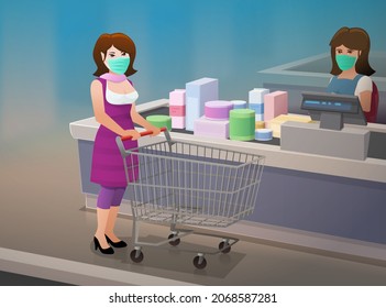 Consumer With Her Surgeon's Mask With Her Shopping Cart And Her Shopping On The Conveyor Belt At The Checkout Of A Supermarket