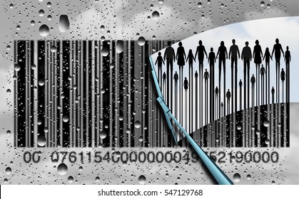 Consumer research concept as a cloudy rain soaked window with a bar code and a wiper clearing the confusion to reveal real clientele as a business metaphor with 3D illustration elements.
