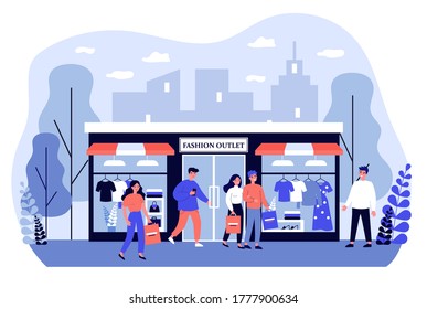 Consumers Shopping In Apparel Boutique Flat Illustration. Happy People Walking On City Street Near Fashion Store, Mall, Or Shop. Retail And Fashion Outlet Concept