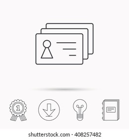 Contact cards icon. Identification badges sign. Identity holder symbol. Download arrow, lamp, learn book and award medal icons.