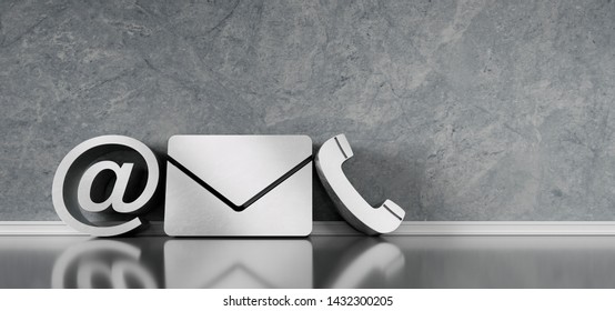 Contact icons leaning against a wall - communications symbols - 3D illustration
