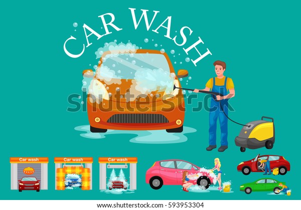 contactless car washing services,\
bikini model girl cleaning auto with soap and water, vehicle\
interior vacuum cleaner, isolated man drying automobile\
illustration