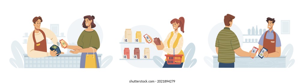Contactless pay, people paying by smartphone, flat cartoon illustrations set. Mobile payments for purchases. Supermarket store counter cashier and buyer, shopper and vender at shop