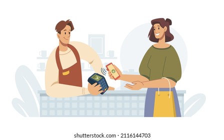 Contactless pay, woman paying by smartphone on terminal, flat cartoon illustration. Supermarket store counter shopper and vender at shop, cashier buyer. Mobile payments via nfc, money transfer