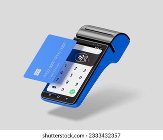 Contactless payment by credit card banking empty screen through the terminal 3d rendering on isolated white backround. 