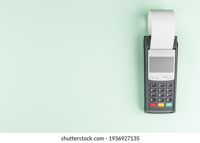 Contactless Payment Concept With POS Terminal With Cash Register Tape On Blank Light Green Background. 3D Rendering, Mockup