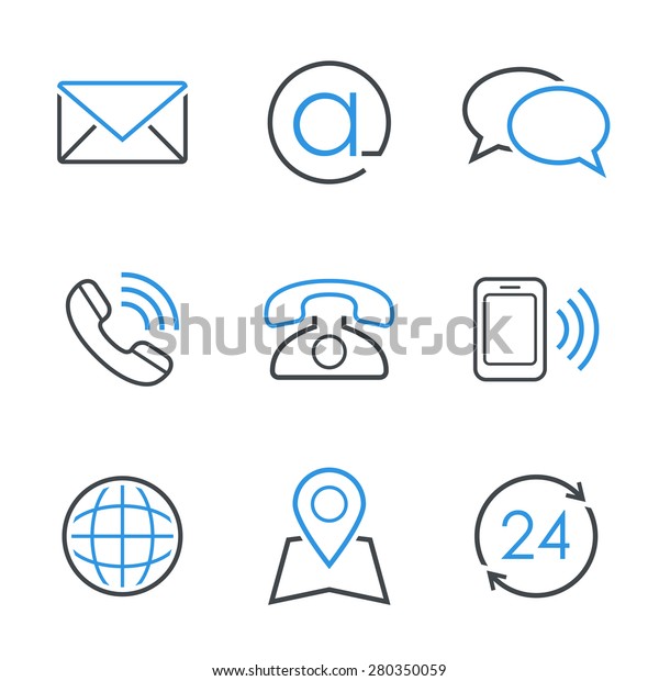 連絡先の簡単なアイコンセット 封筒 電子メール チャット 電話 携帯電話 地図 地球 営業時間 のイラスト素材