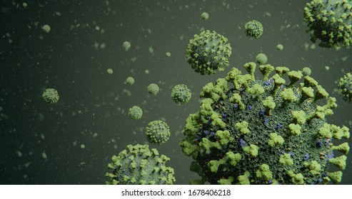 Contagious Cluster Of COVID-19 Corona Influenza Virus Molecules Floating In Green Particles - Microscopic Abstract - NCOV Coronavirus Pandemic Outbreak 3D Illustration