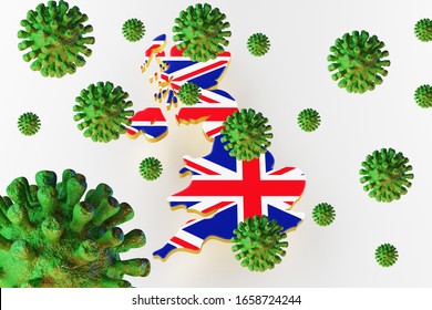 Contagious HIV AIDS, Flur Or Coronavirus With Great Britain Map. Coronavirus From China. 3D Rendering