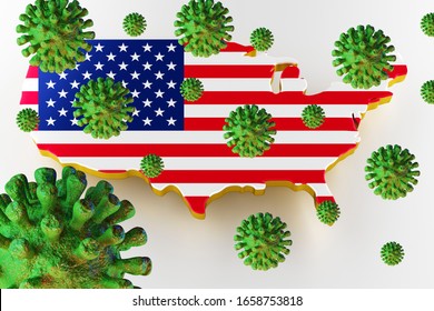 Contagious HIV AIDS, Flur Or Coronavirus With USA Map. Coronavirus From China. 3D Rendering