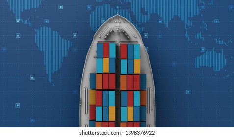 Container Cargo Ship In Import Export Business Logistic On Digital World Map, 3d Rendering