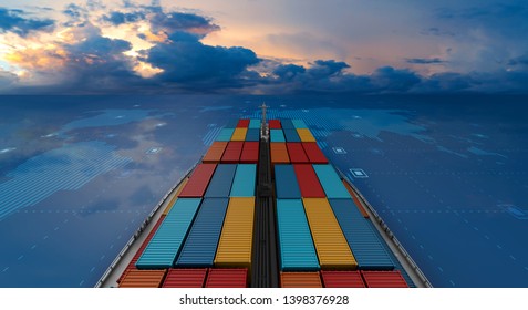 Container cargo ship in import export business logistic on digital world map, 3d rendering