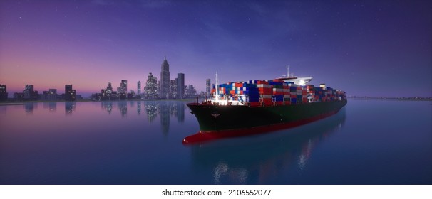 Container Cargo Ship Transport Across City At Night Scene, 3d Render