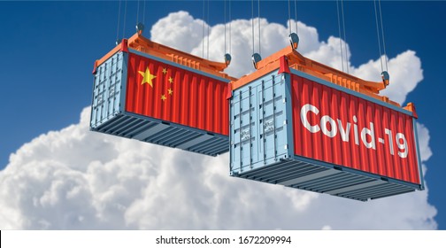 Container With Coronavirus Covid-19 Text On The Side And Container With China Flag. Concept Of International Trade Spreading The Corona Virus. 3D Rendering 