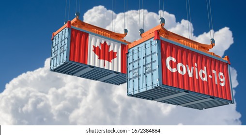 Container With Coronavirus Covid-19 Text On The Side And Container With Canada Flag. Concept Of International Trade Spreading The Corona Virus. 3D Rendering 