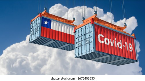 Container With Coronavirus Covid-19 Text On The Side And Container With Chile Flag. Concept Of International Trade And Travel Spreading The Corona Virus. 3D Rendering 