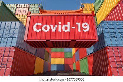 Container With Coronavirus Covid-19 Text On The Side. Concept Of International Trade And Travel Spreading The Corona Virus. 3D Rendering 