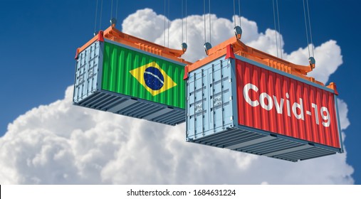 Container With Coronavirus Covid-19 Text On The Side And Container With Brazil Flag. Concept Of International Trade And Travel Spreading The Corona Virus. 3D Rendering 