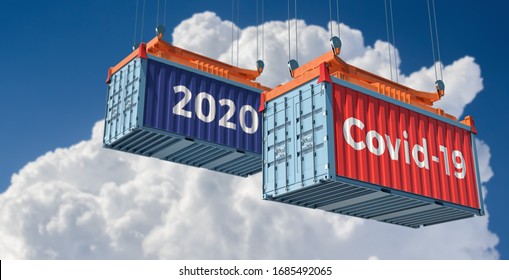 Container With Coronavirus Covid-19 Text On The Side. Concept Of International Trade Spreading The Corona Virus. 3D Rendering 