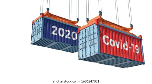 Container With Coronavirus Covid-19 Text On The Side. Concept Of International Trade Spreading The Corona Virus. 3D Rendering 