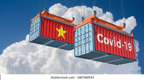 Container With Coronavirus Covid-19 Text On The Side And Container With Vietnam Flag. Concept Of International Trade And Travel Spreading The Corona Virus. 3D Rendering 