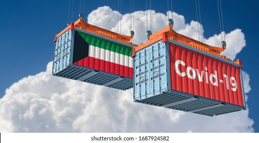 Container With Coronavirus Covid-19 Text On The Side And Container With Kuwait Flag. Concept Of International Trade And Travel Spreading The Corona Virus. 3D Rendering 