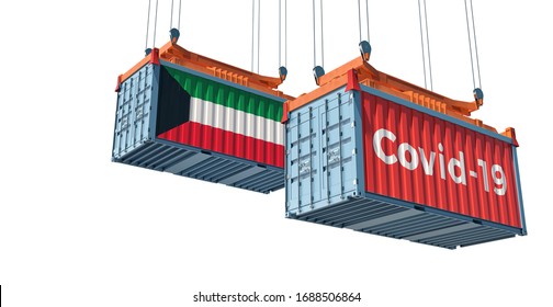 Container With Coronavirus Covid-19 Text On The Side And Container With Kuwait Flag. Concept Of International Trade And Travel Spreading The Corona Virus. 3D Rendering 