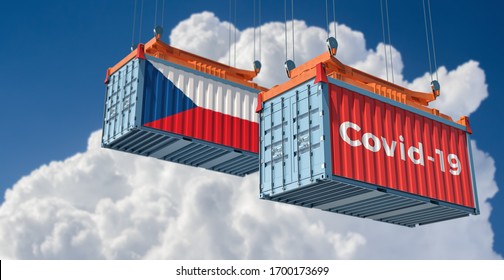 Container With Coronavirus Covid-19 Text On The Side And Container With Czech Republic Flag. Concept Of International Trade And Travel Spreading The Corona Virus. 3D Rendering 