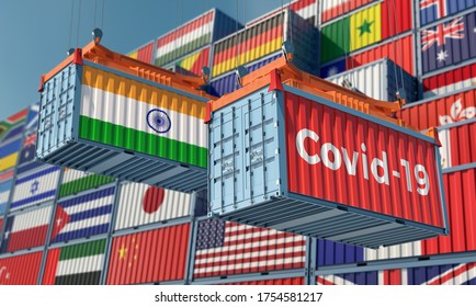 Container With Coronavirus Covid-19 Text On The Side And Container With India Flag. Concept Of International Trade Spreading The Corona Virus. 3D Rendering 