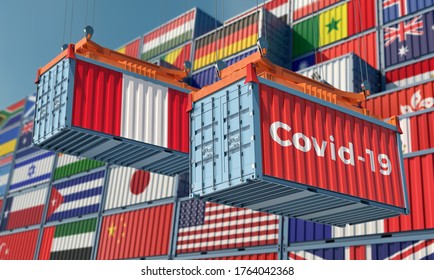 Container With Coronavirus Covid-19 Text On The Side And Container With Peru Flag. Concept Of International Trade Spreading The Corona Virus. 3D Rendering 