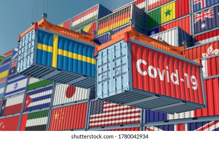 Container With Coronavirus Covid-19 Text On The Side And Container With Sweden Flag. Concept Of International Trade Spreading The Corona Virus. 3D Rendering 