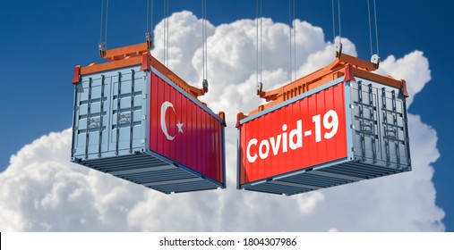 Container With Coronavirus Covid-19 Text On The Side And Container With Turkey Flag. Concept Of International Trade Spreading The Corona Virus. 3D Rendering 