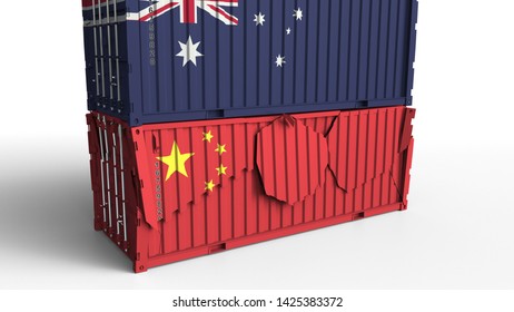 Container With Flag Of Australia Breaks Cargo Container With Flag Of China. Trade War Or Economic Conflict Related Conceptual 3D Rendering