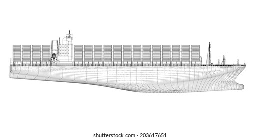 Container Ship Cargo 3D Model Body Structure, Wire Model