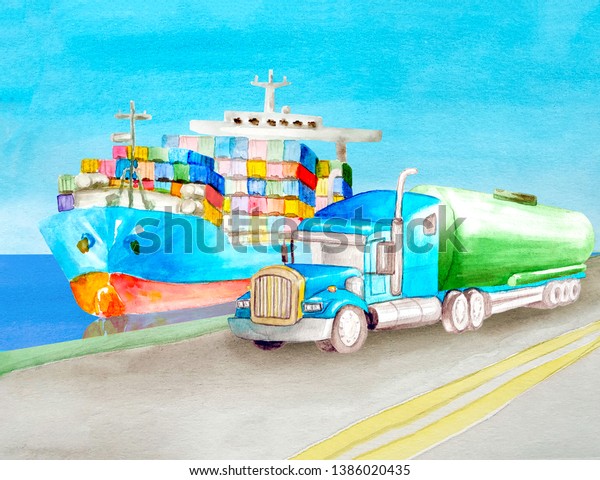 A\
container ship floats on the water near the shore on which a green \
semi-trailer tank tractor  truck roading. For an illustration of\
the possibilities of logistics in a watercolor\
style