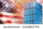 Container shipping across USA. Sea containers in front of flag of America. Concept of sending goods from USA. Lines represent supply chains. Logistic transportation of goods across America. 3d image