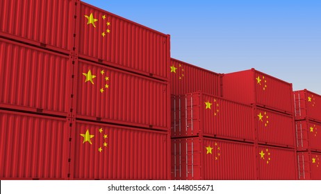 Container terminal full of containers with flag of China. Chinese export or import related 3D rendering