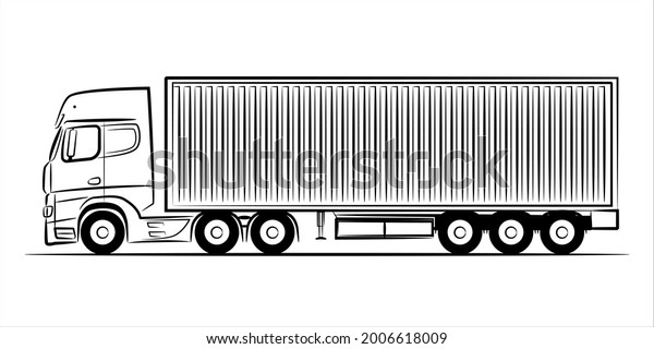 Container truck abstract silhouette on white\
background.  A hand drawn line art of a trailer truck car. Raster\
illustration view from\
side.