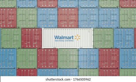 Container with walmart corporate logo. editorial  3D rendering